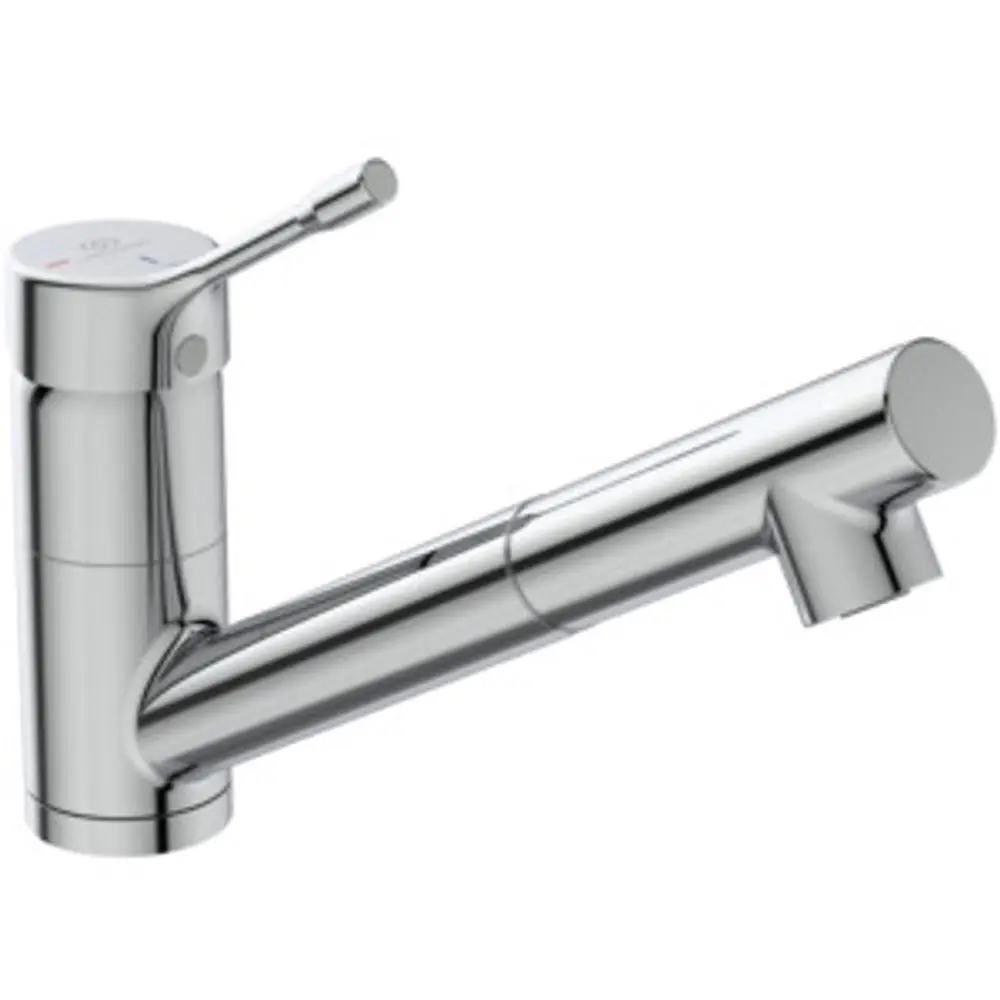 Küchenarmatur aus verchromtem Material von Ideal Standard mit einem schlanken, geraden Auslauf und einem seitlichen Hebel zur Steuerung des Wasserflusses.